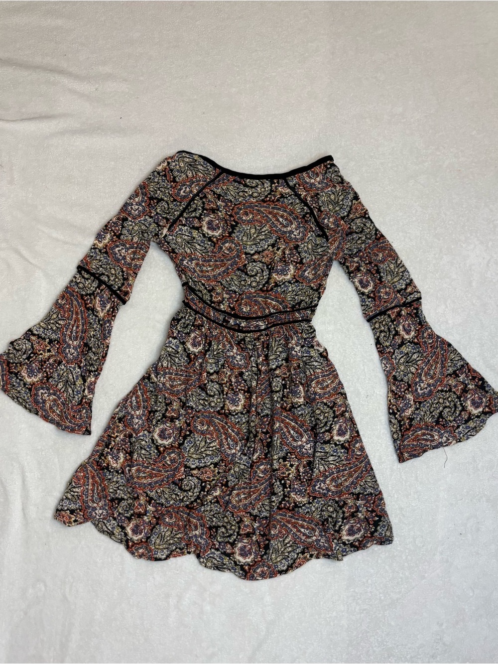 American Eagle Outfitters Black & Rust Paisley Bell-Sleeve Mini Dress
